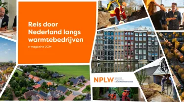 Voorpagina van het e-magazine 2024 met afbeeldingen en logo, getiteld Reis door Nederland langs warmtebedrijven