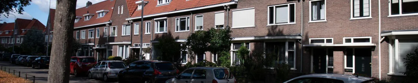 Straat met aan de ene kant bomen en aan de andere kant een rijtje huizen met oranje dakpannen