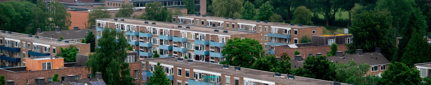 Jaren '60-flats met 4 woonlagen en balkons met blauwe balkons. Op de achtergrond het stadspark en in de verte het centrum met de Martinitoren.