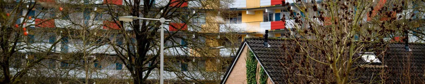 Op de voorgrond een aantal bomen en rechts een rijtjeshuis. Direct daarachter een hoge sterflat met gele, rode en blauwe kleuraccenten